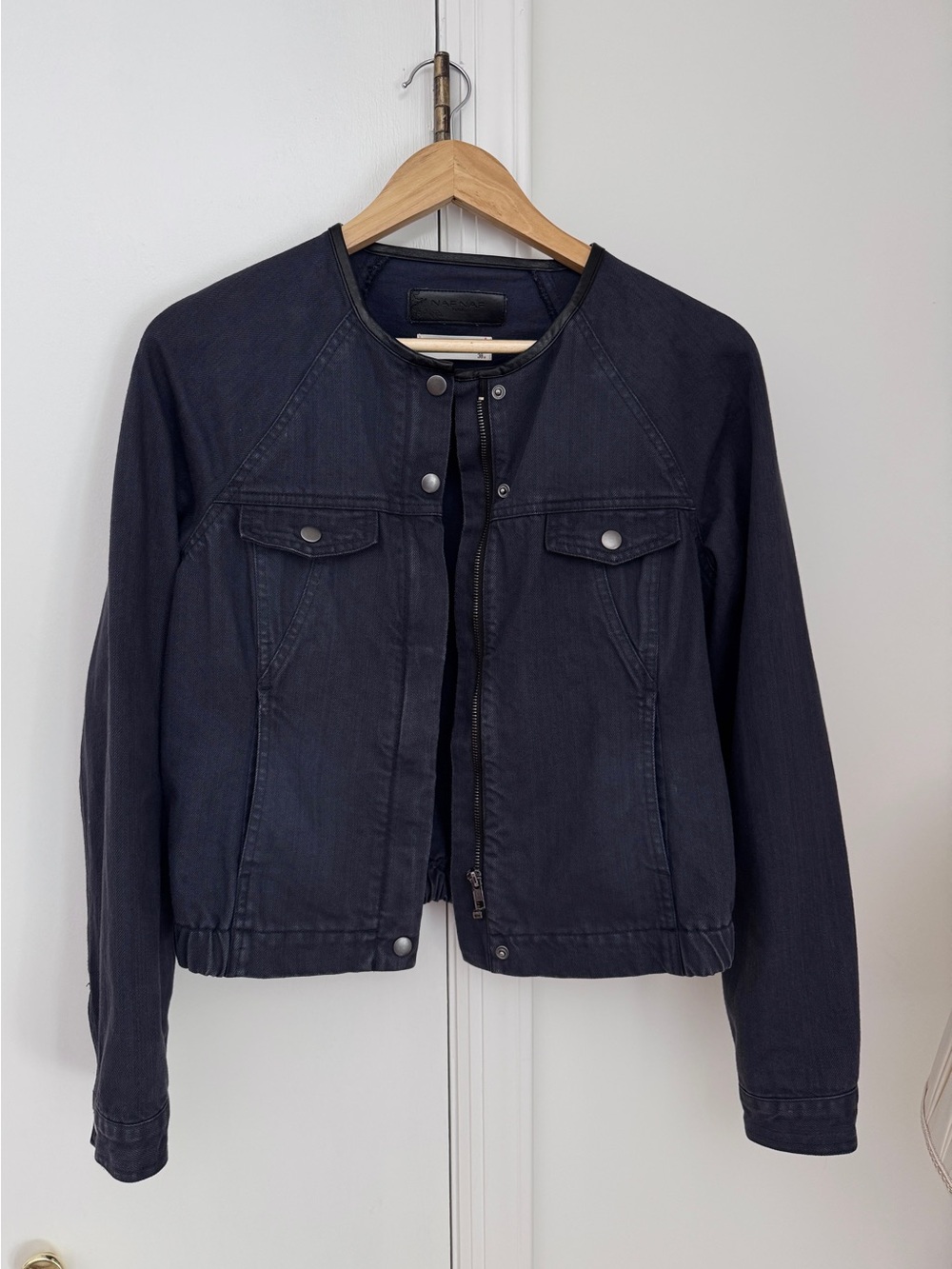 NAF NAF Paris  Women’s Navy blue denim  Leather trim Jacket .